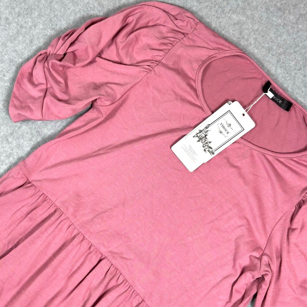 YIBOCK Women Short Puff Sleeve T-Shirt Dress Pink Babydoll Casual Pockets Size S